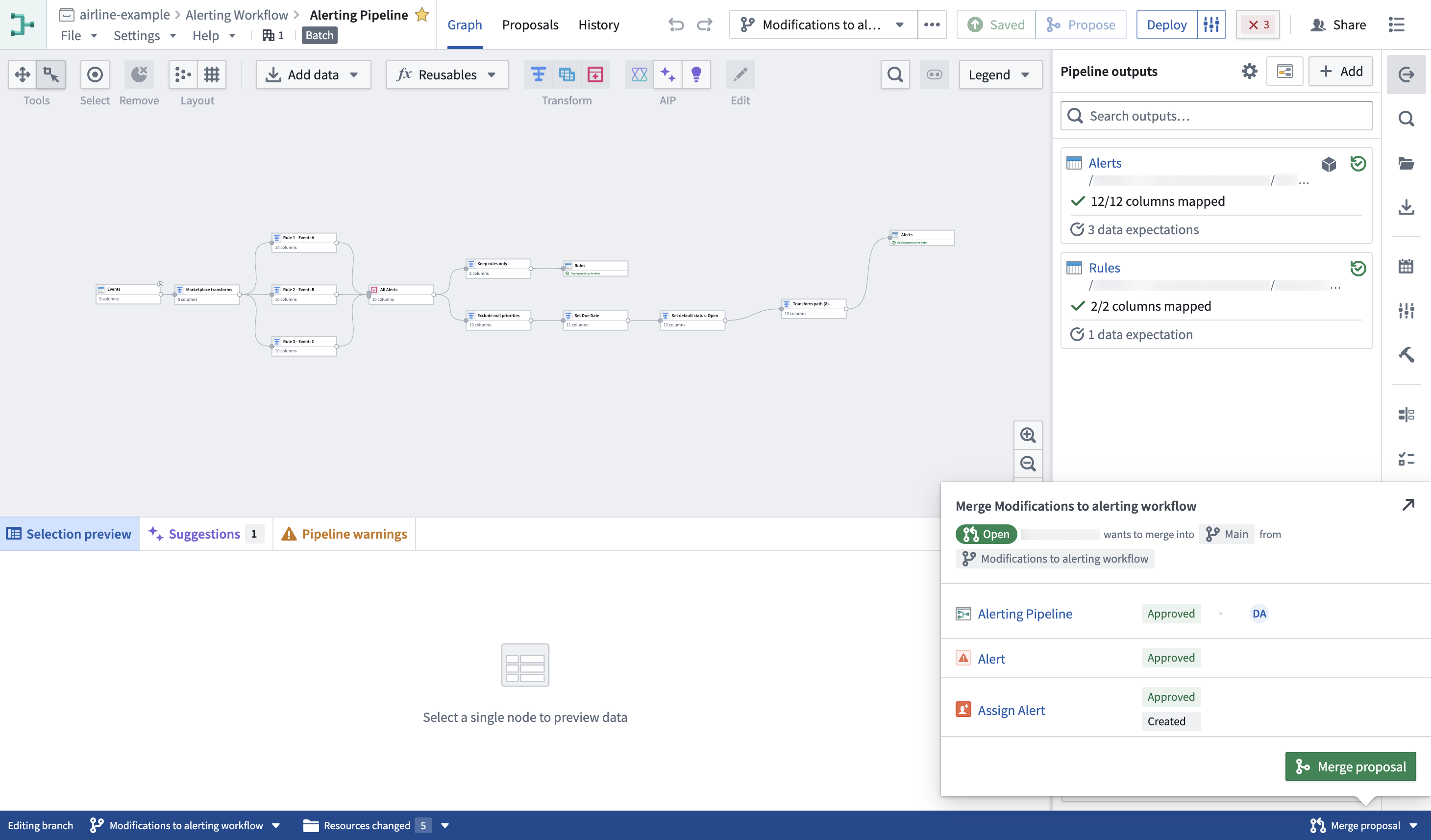 Branch taskbar shown at the bottom of Pipeline Builder.