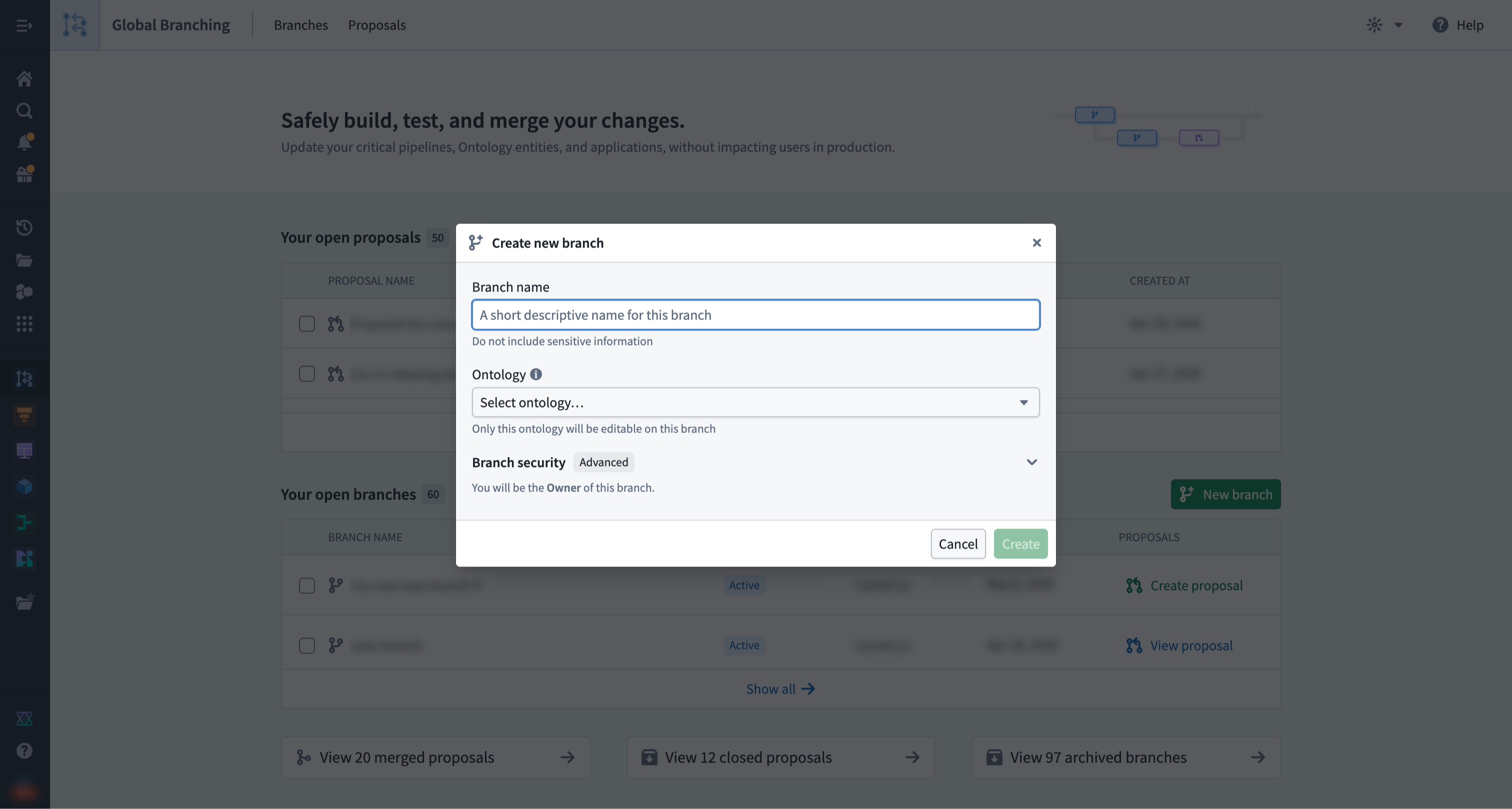 Create new branch dialog.