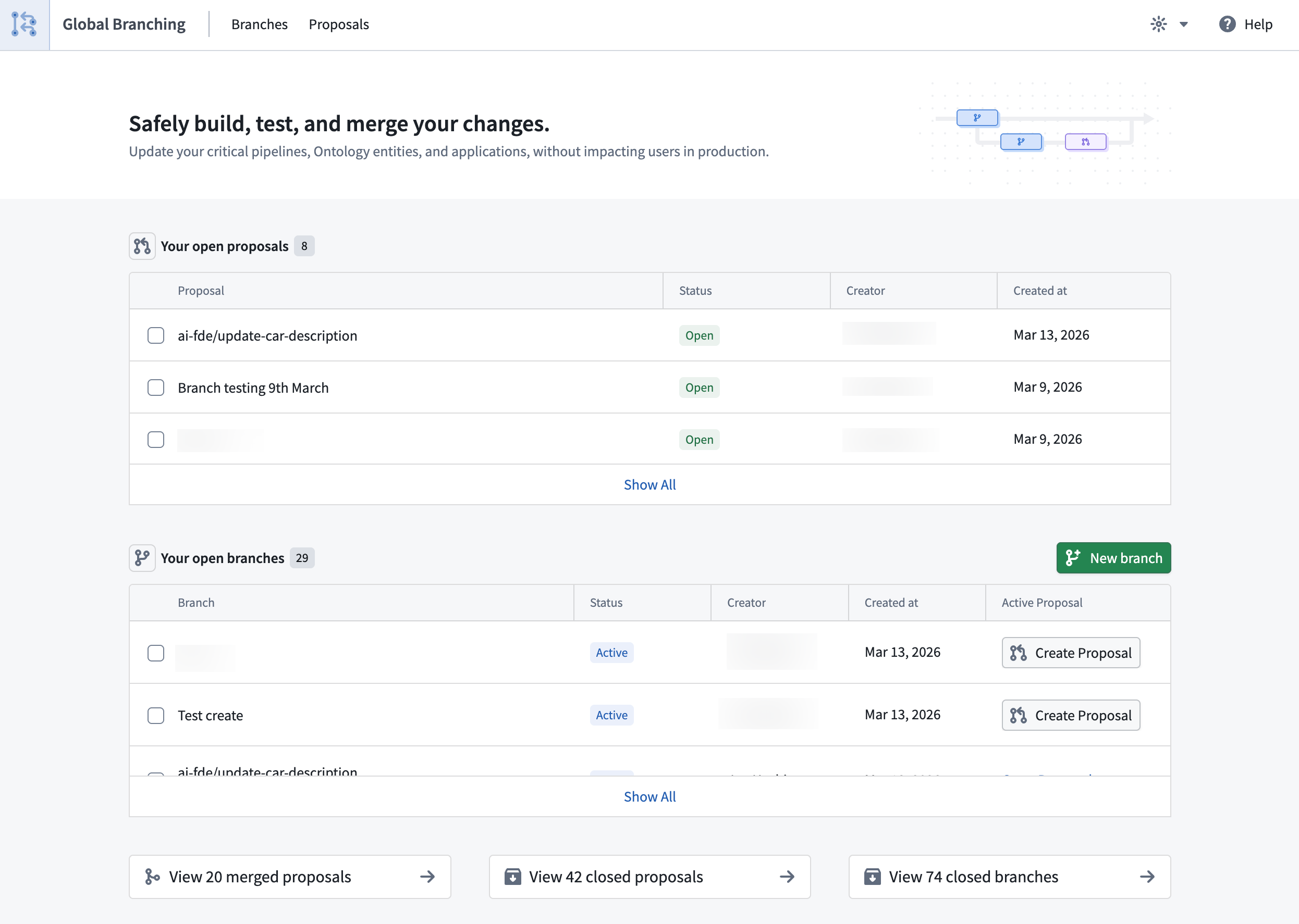 Global Branching app landing page.