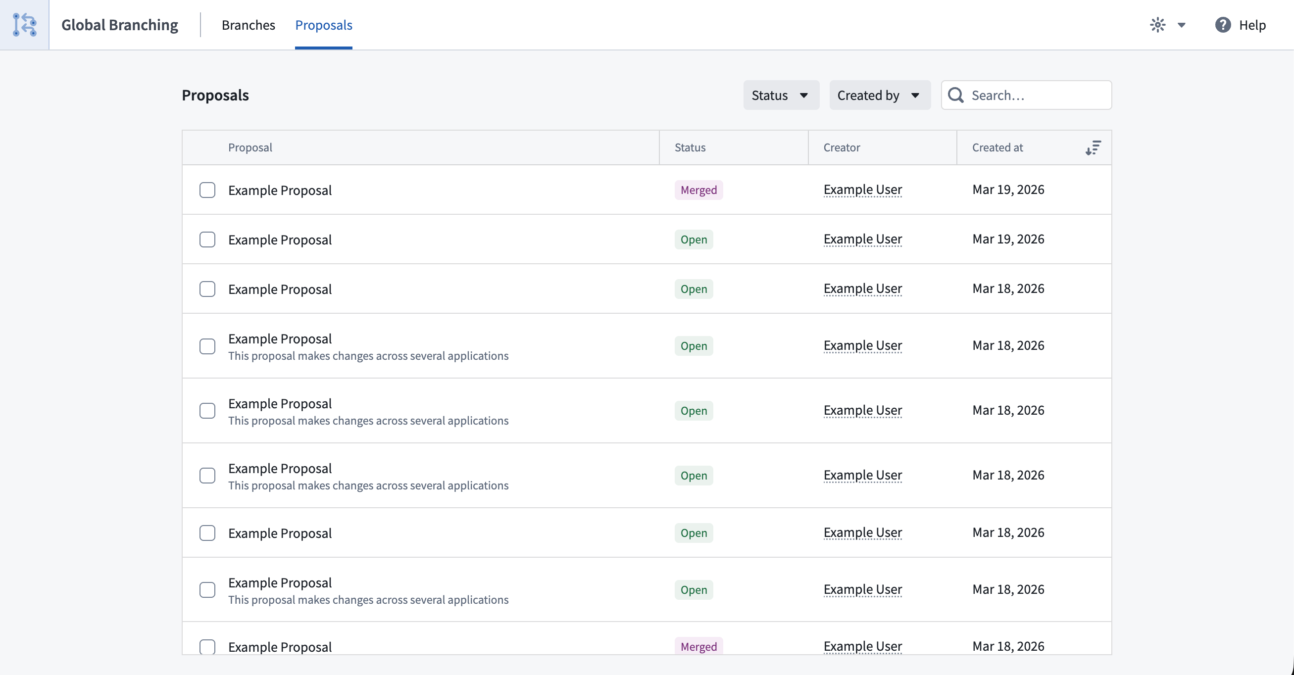 Global Branching app branch proposals tab.