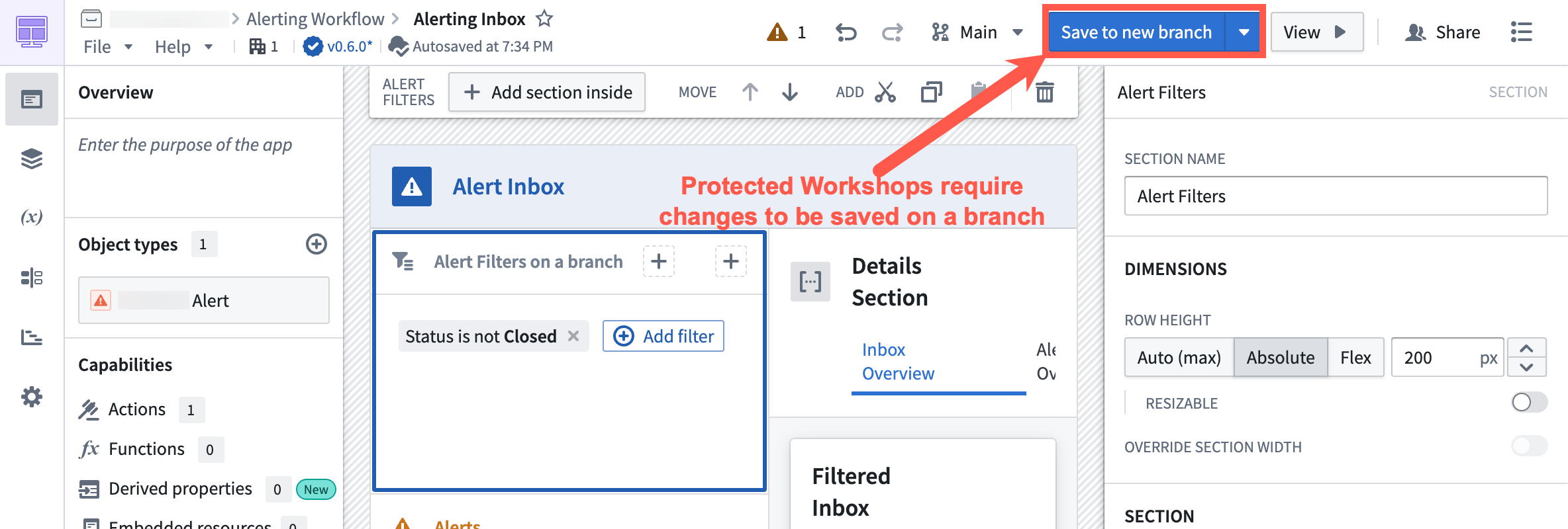 Save to new branch button