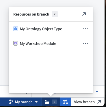 Resources list in the in-app branching taskbar