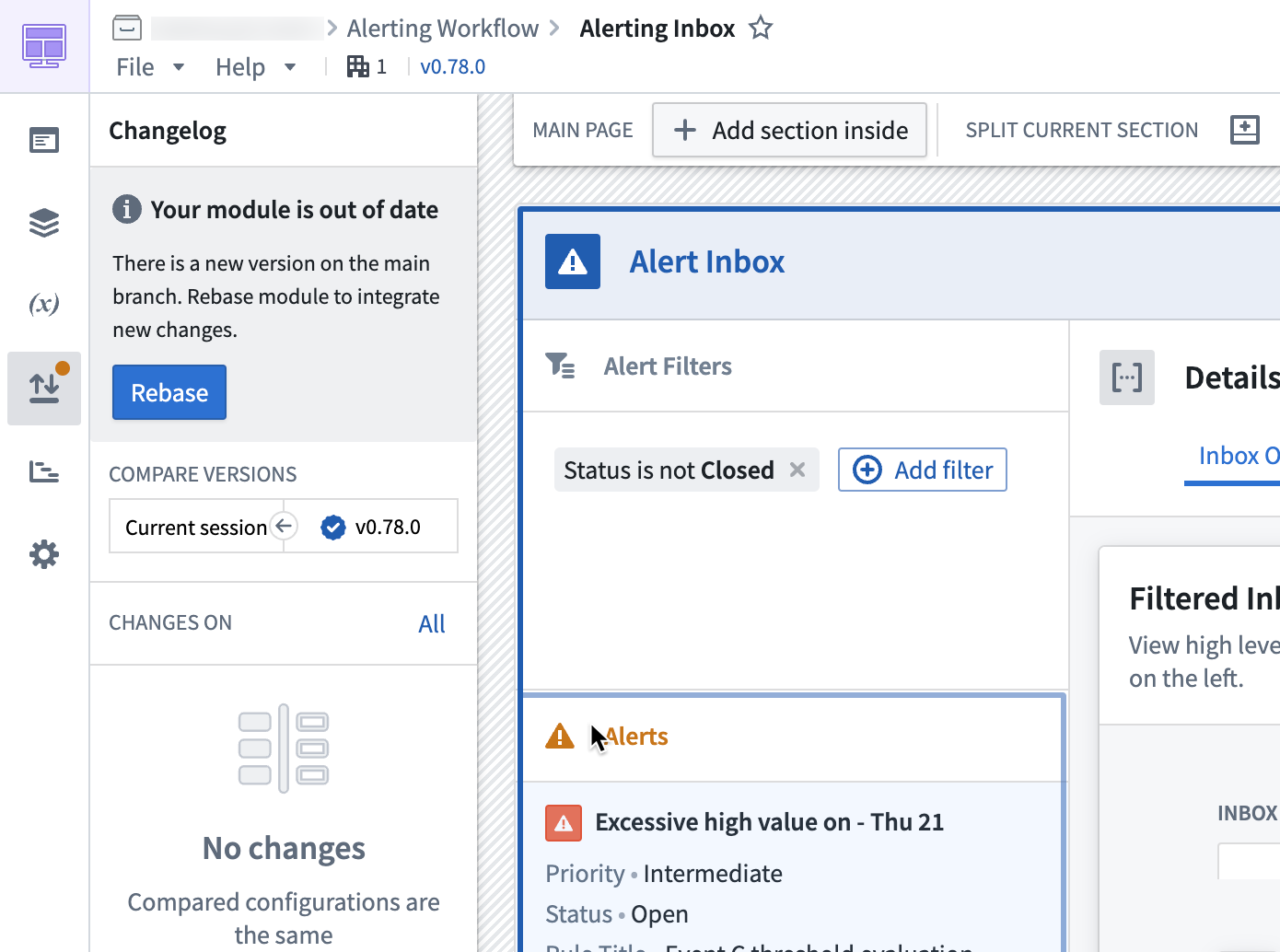 Workshop changelog panel with rebase message.