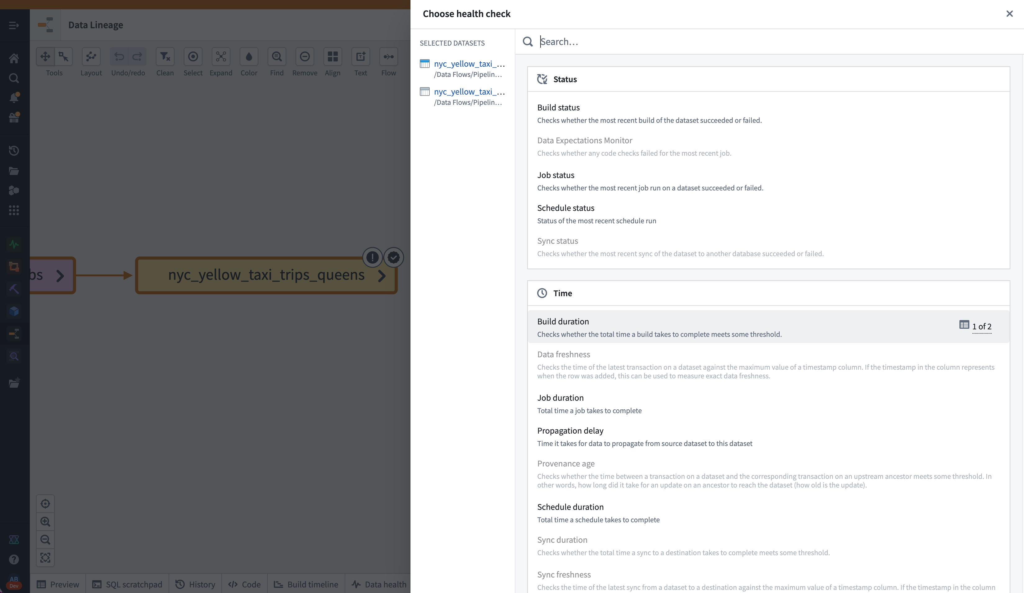 The health check configuration dialog, opened for multiple datasets selected in Data Lineage.