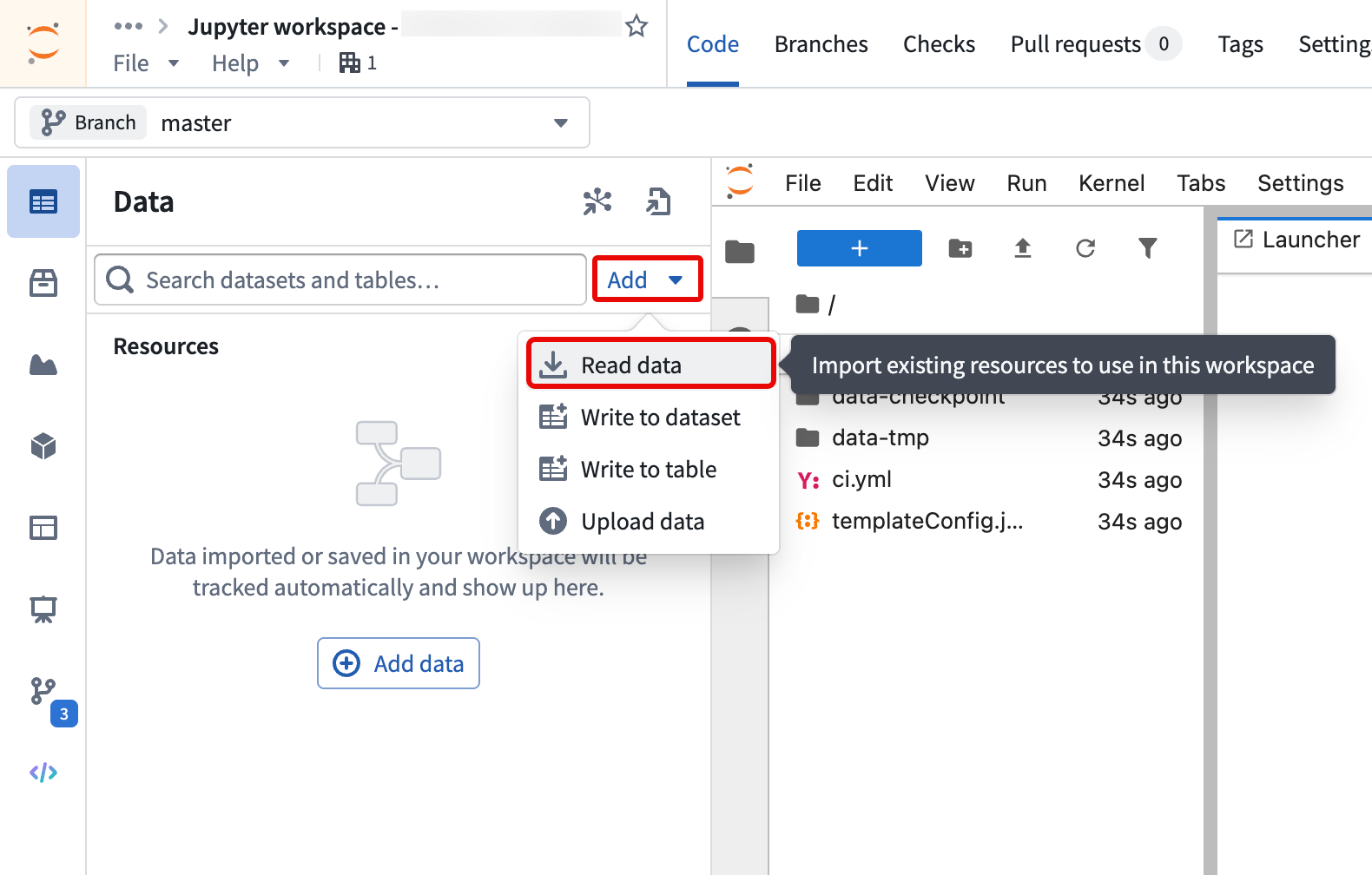 The Data panel in a Jupyter workspace showing the Add dropdown with the Read data option.