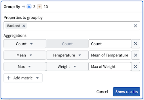 The aggregations panel shows available aggregation types and column name options.