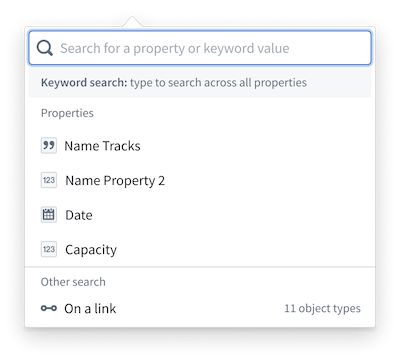 The filter card displays keyword search and property filter options.