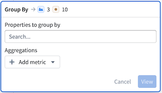The Group By card shows options for selecting properties and aggregation metrics.