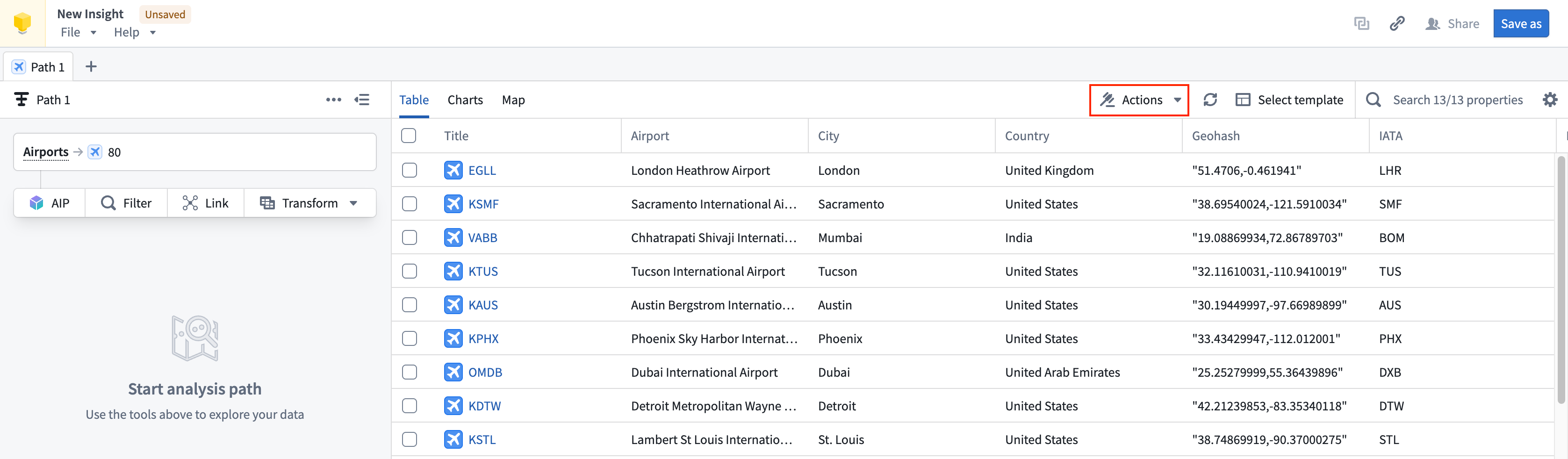 Use the Actions menu to perform operations on objects in your analysis.