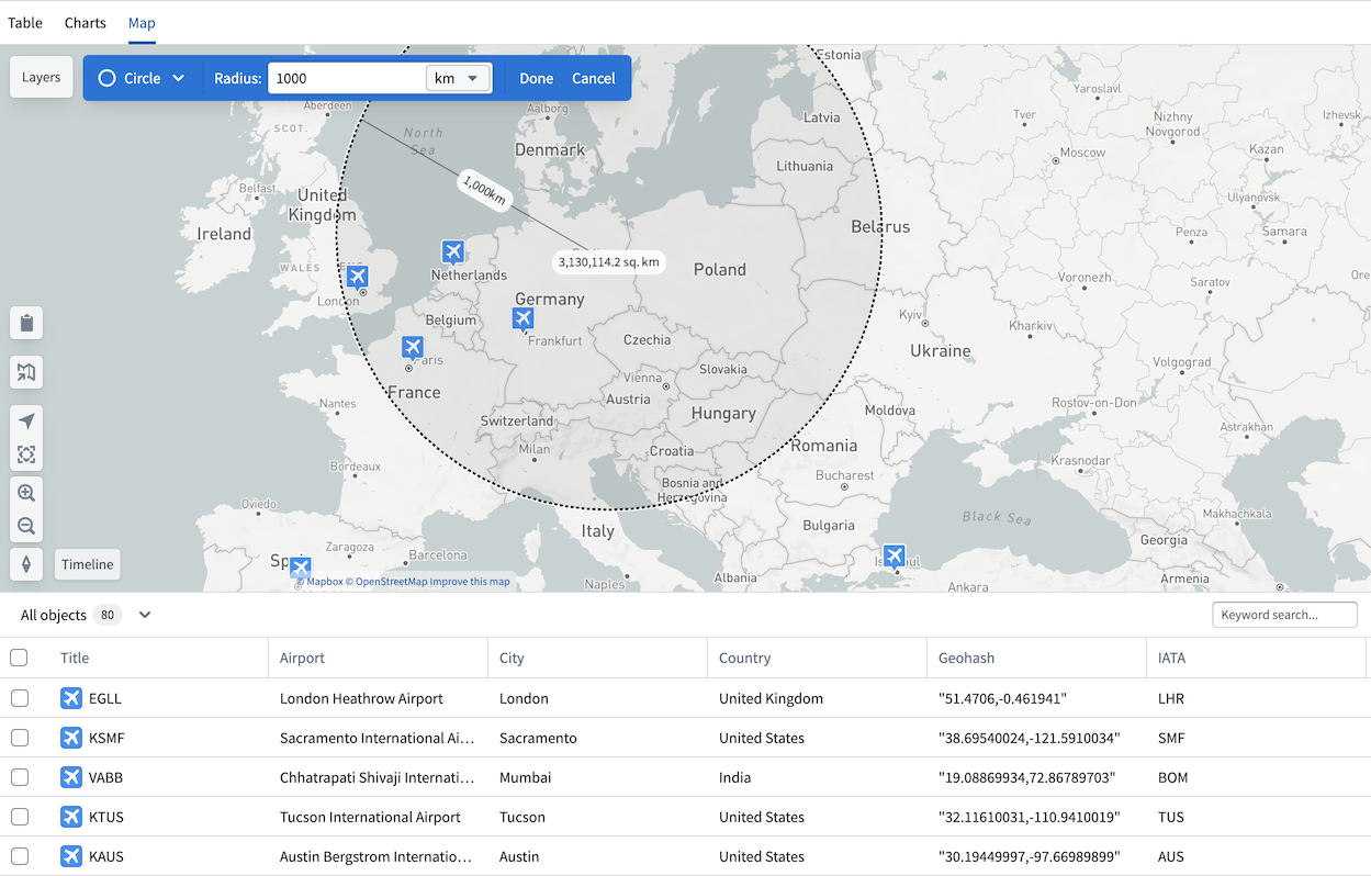 A map with a radius filter drawn on it.