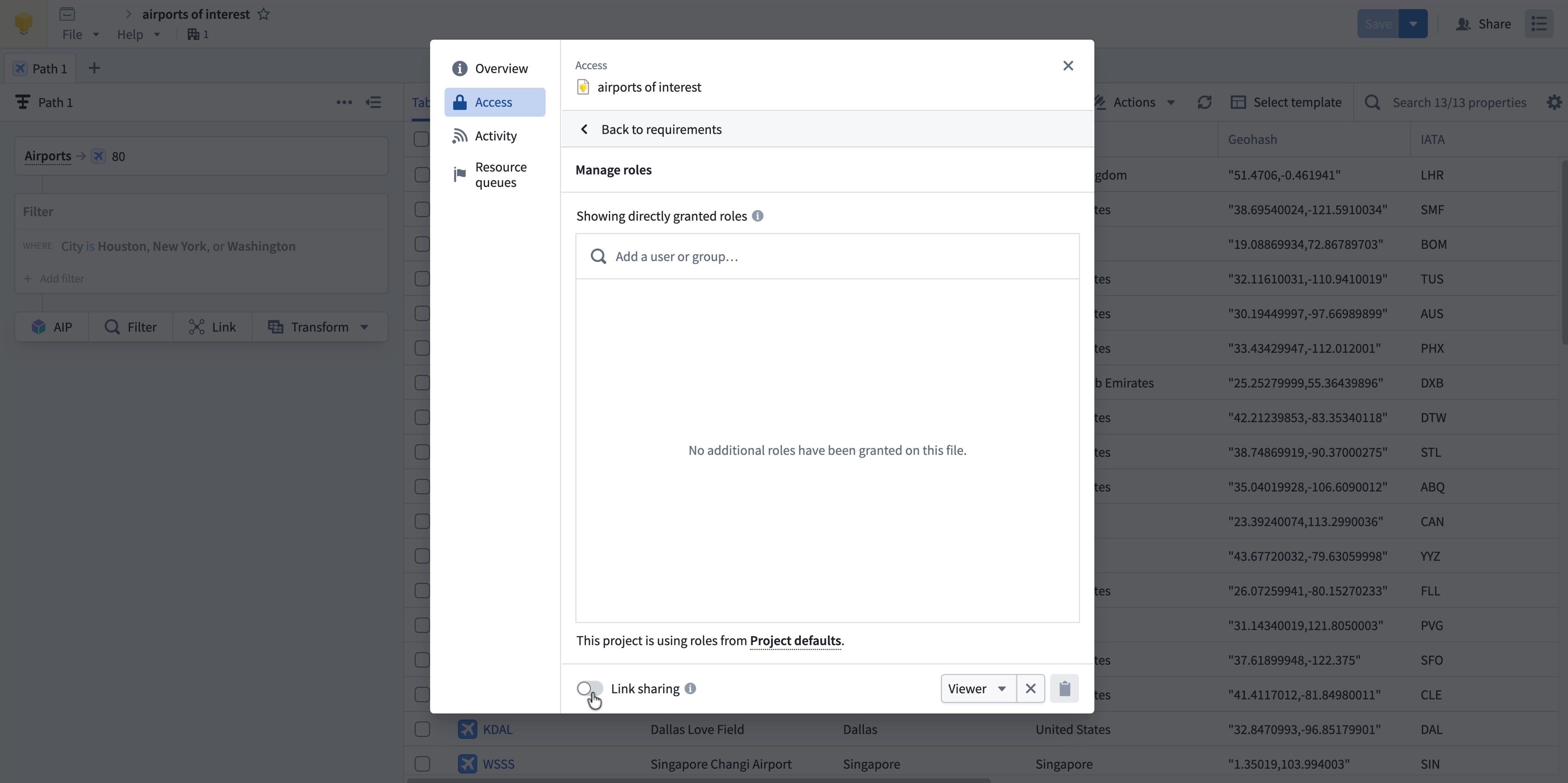 The Access panel shows options for managing workbook permissions and link sharing.