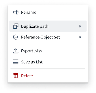 The path menu shows options for duplicating paths, referencing object sets, exporting, and deleting.