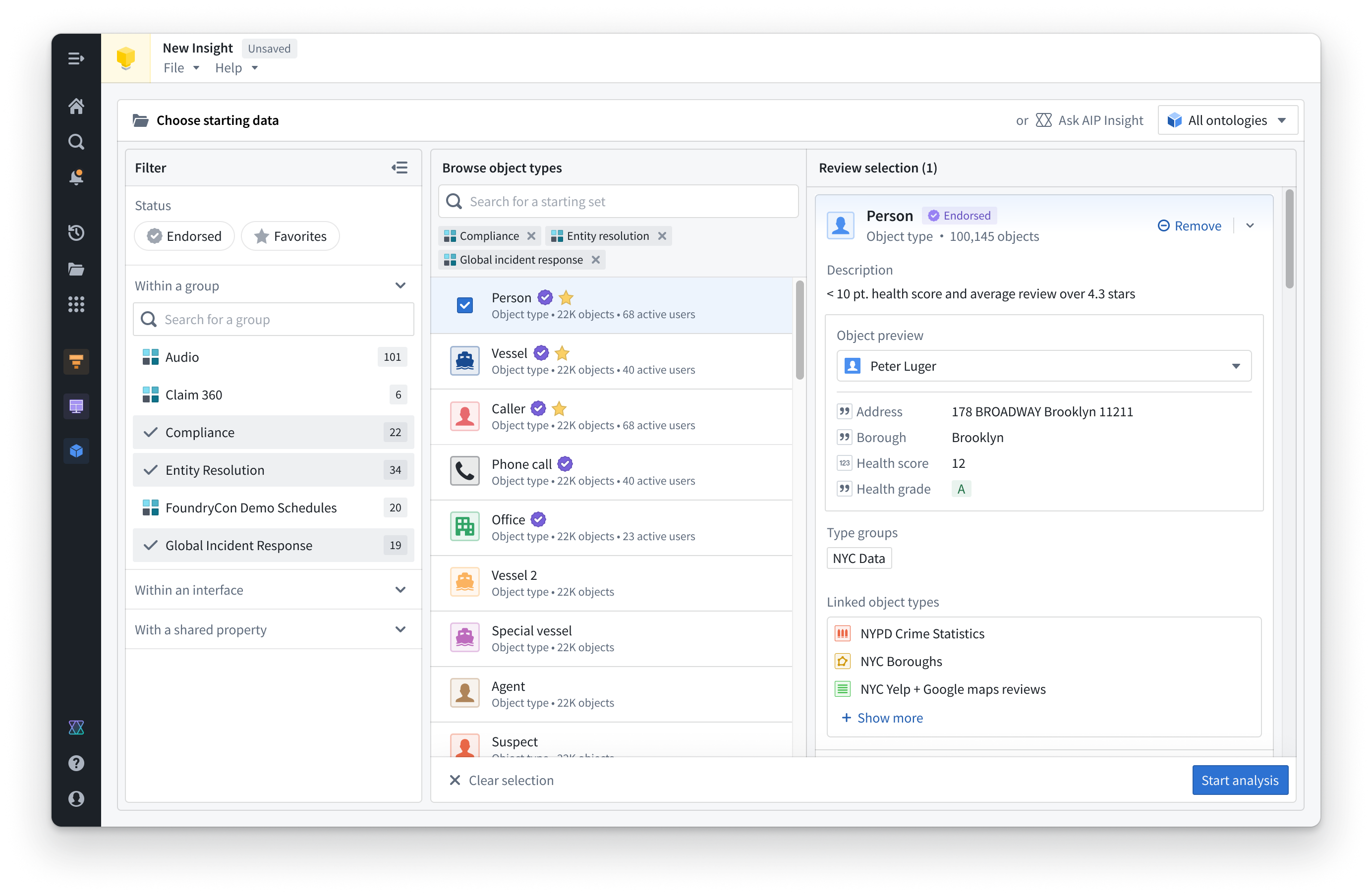 The preview panel shows properties, groups, and linked object types for a selected object type.
