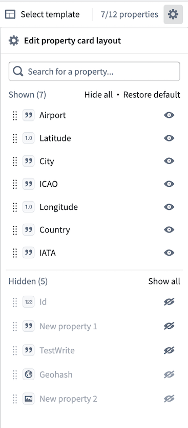 The property configuration panel in the analysis table.