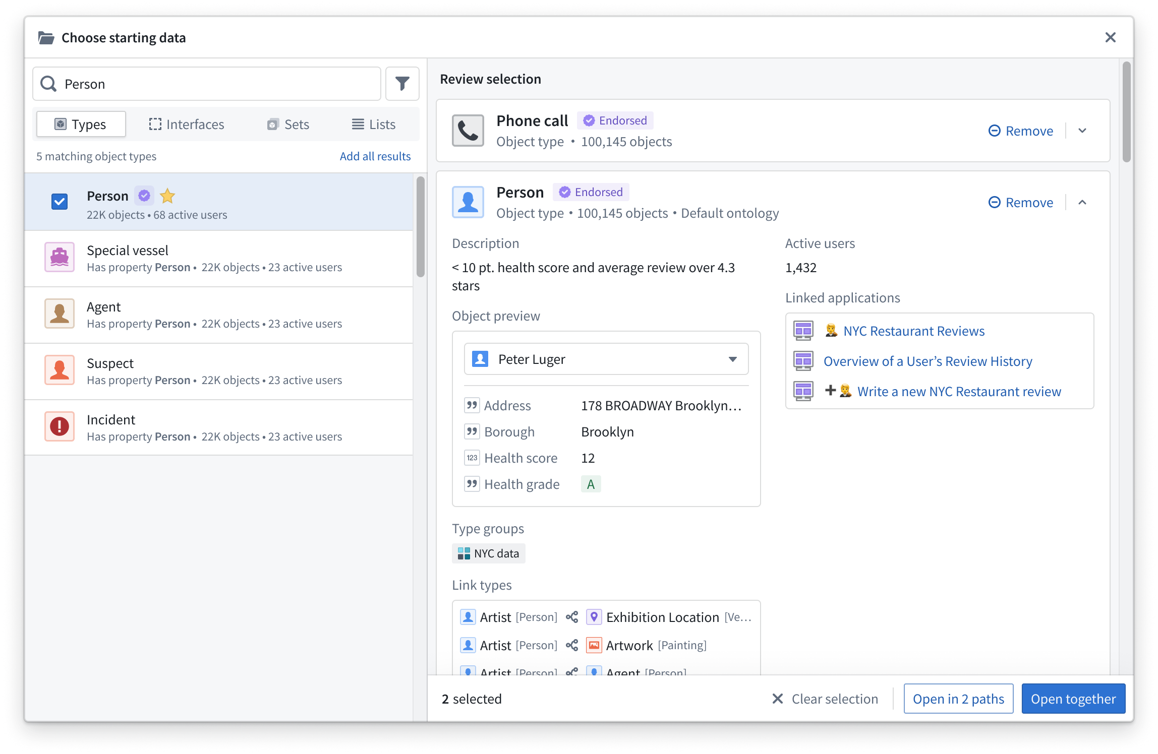The Choose starting data window to search the ontology for object types.