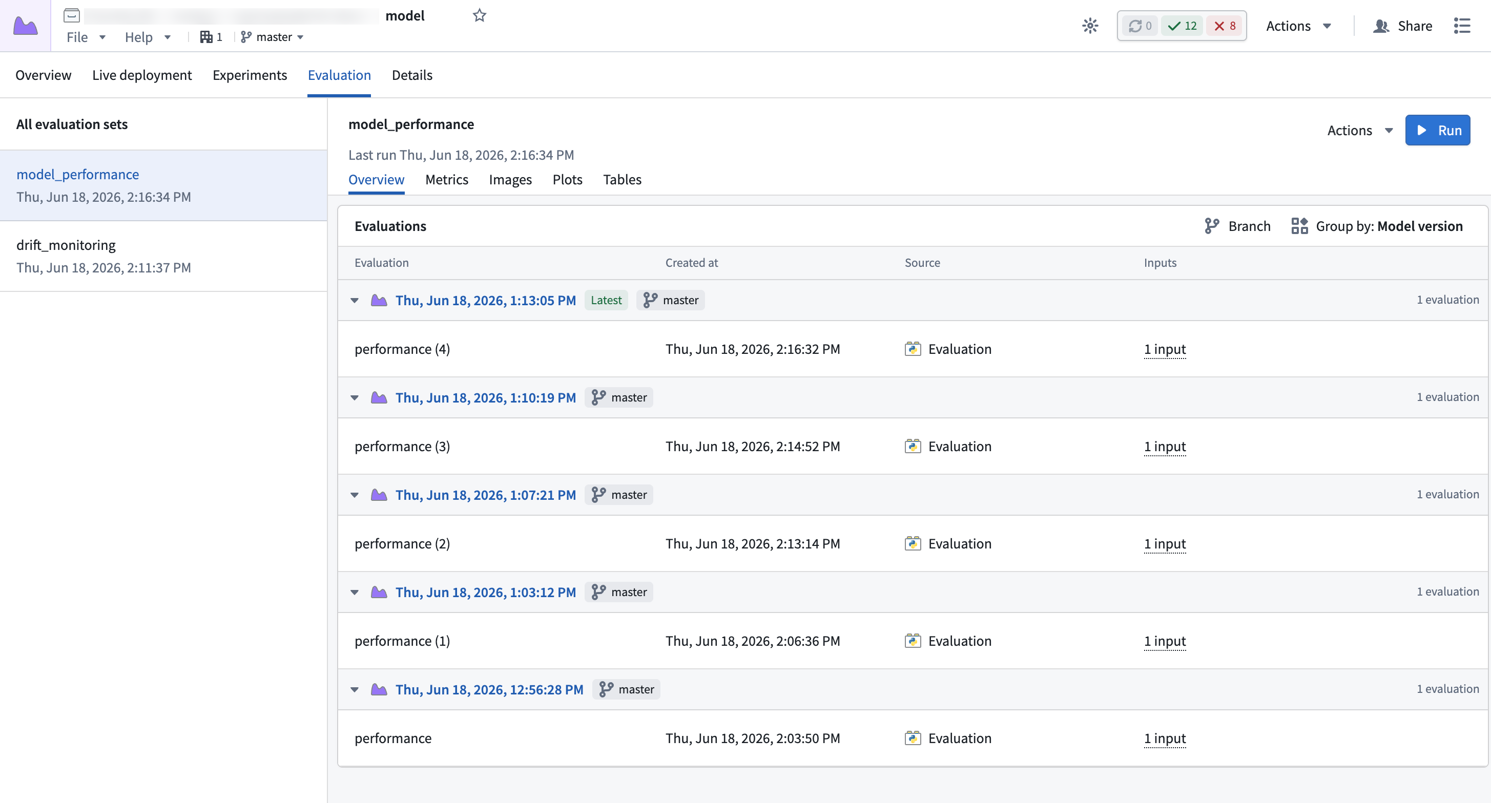 Example evaluations homepage in the model view.