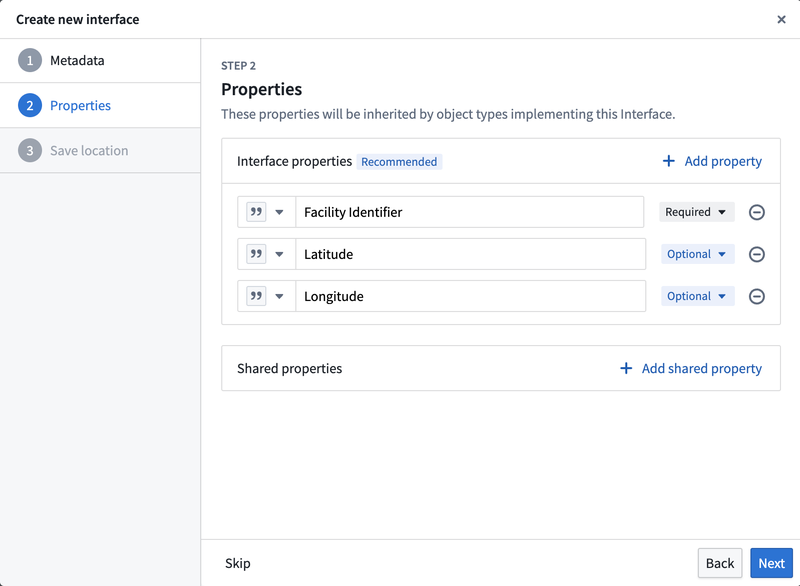 Interface property selection