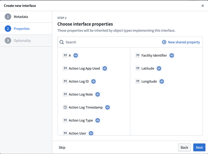 Interface shared property selection