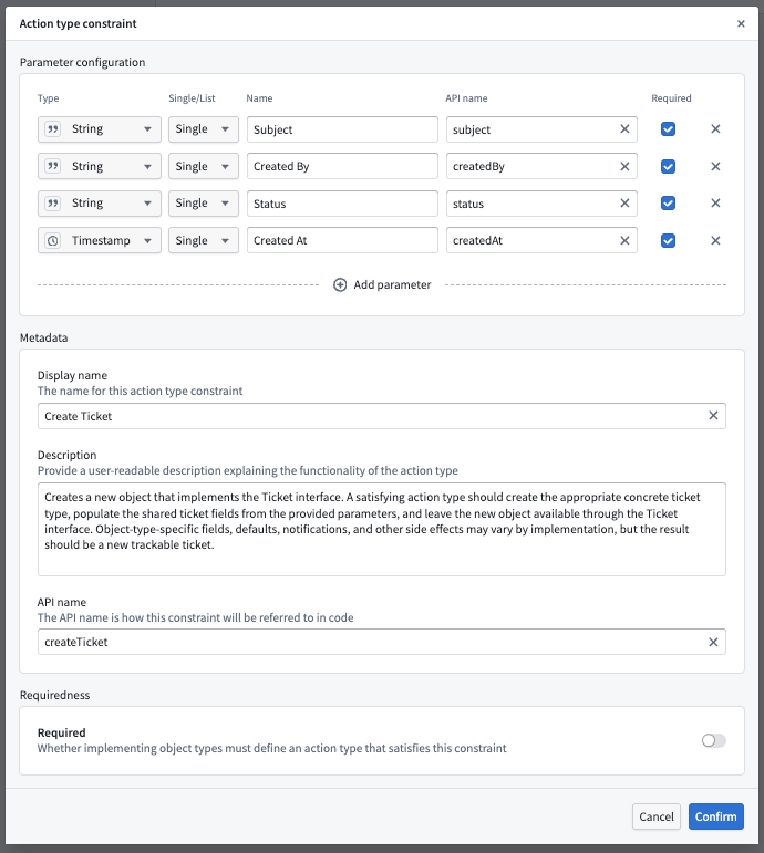 Action type constraint configuration dialog.