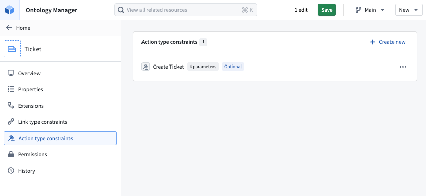 Interface action type constraints tab.