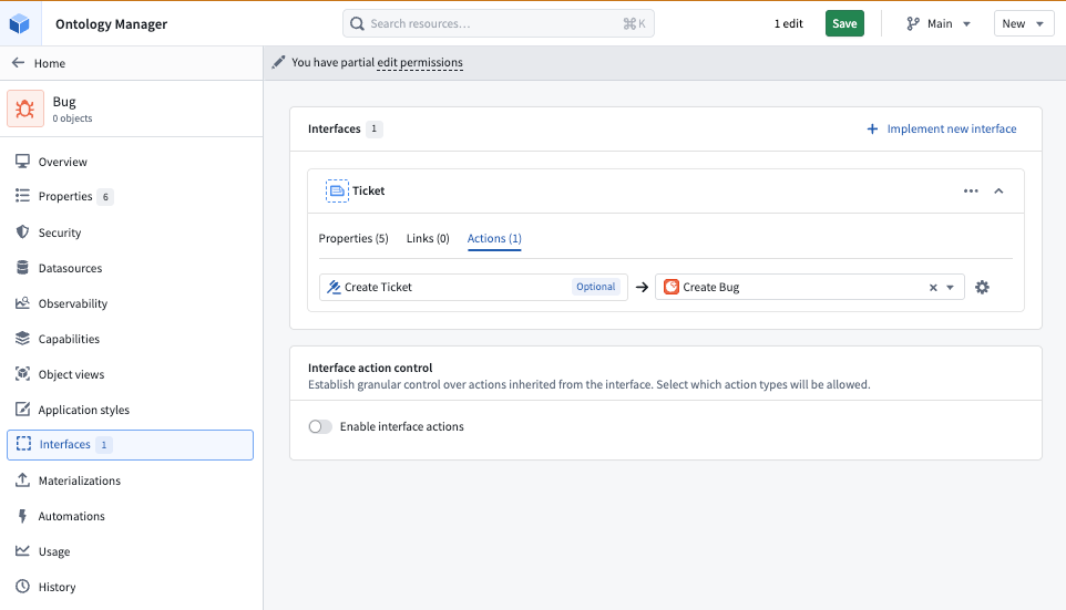Object type action mapping for an interface action type constraint.