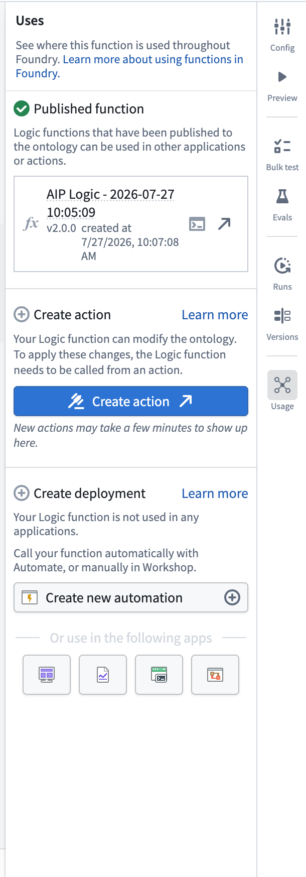The Create action button in AIP Logic.