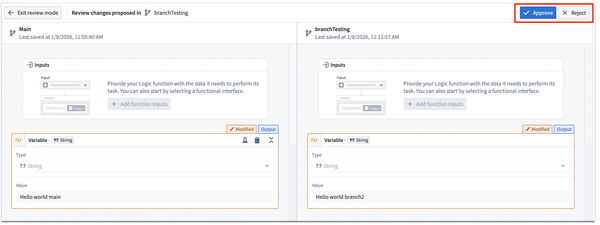 Logic file review interface allowing the reviewer to approve or reject the proposed change.