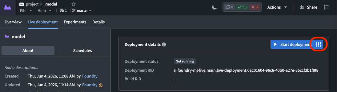 Select the edit runtime configuration button from the Live deployment tab.