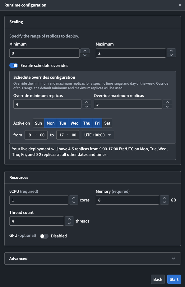 Configure schedule overrides in the Runtime configuration modal.