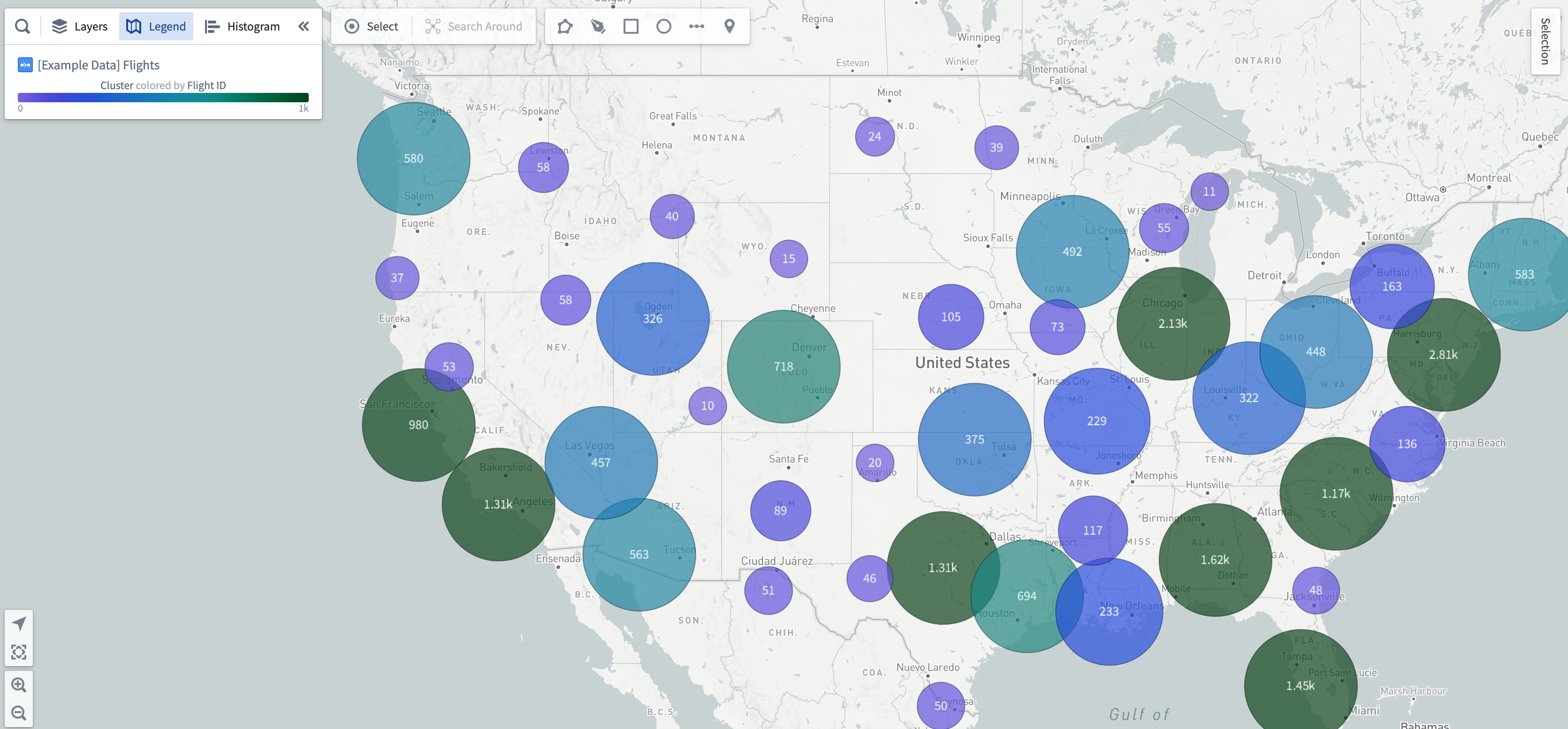 Cluster map showing total departing flights.