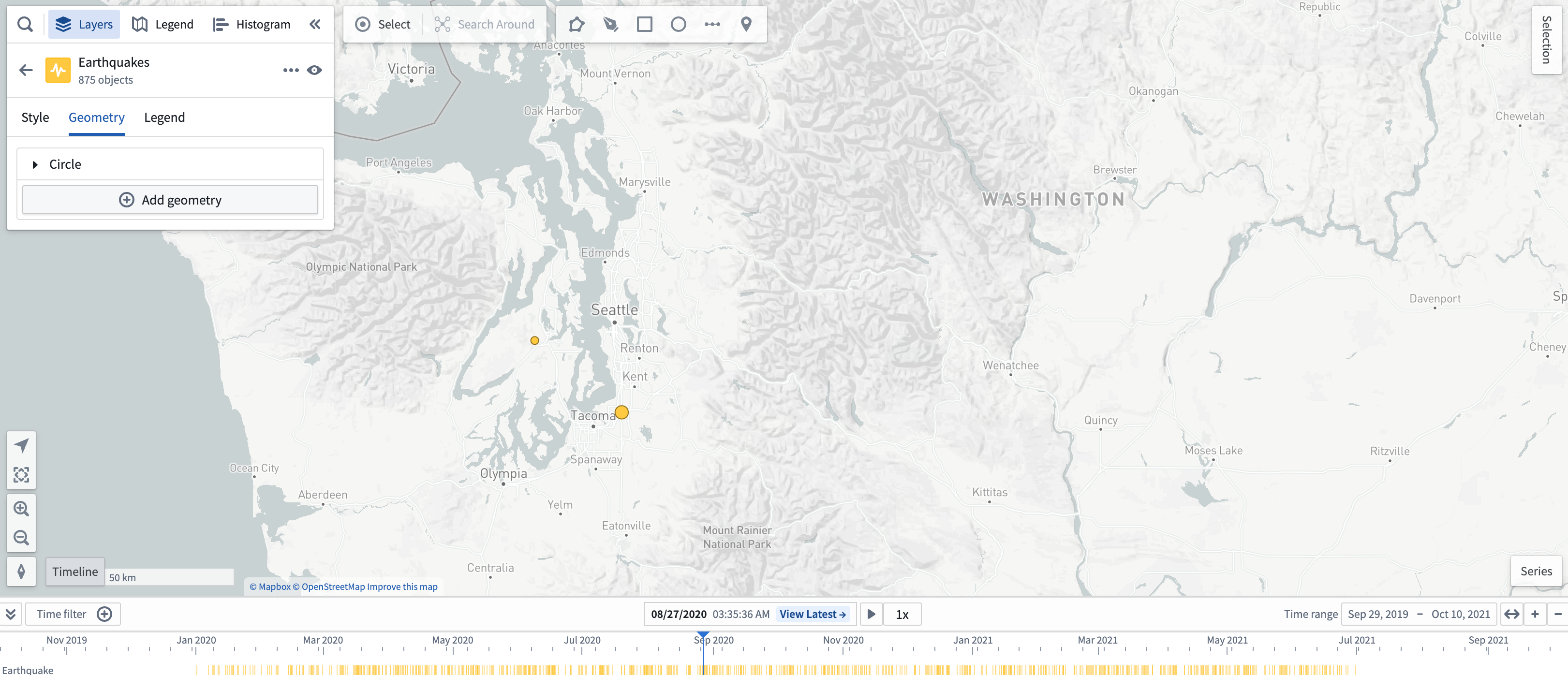Timeline geometry example where a user can see the time properties of the event object 'Earthquakes' on the timeline, noting there is no additional timeline geometry.
