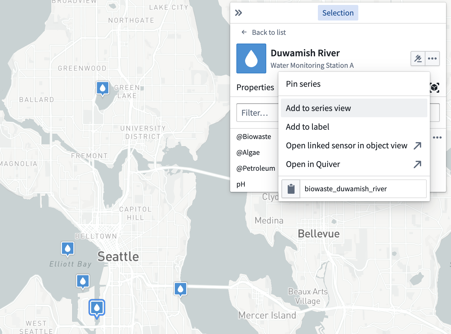 Adding a series to the series panel from the selection panel.