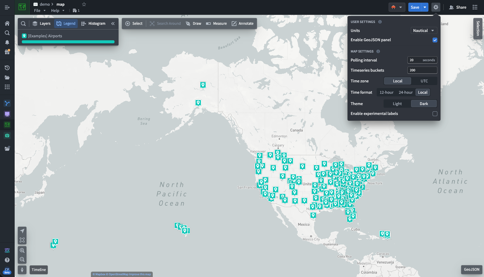 Map with dark mode enabled.