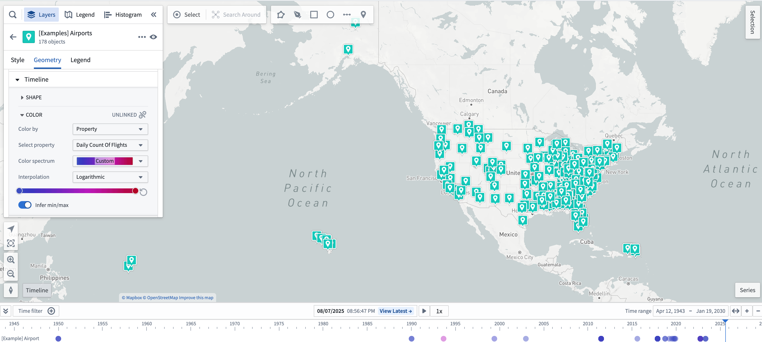Timeline geometry example where a user can see the time properties of the '[Example] Airports' object on the timeline.