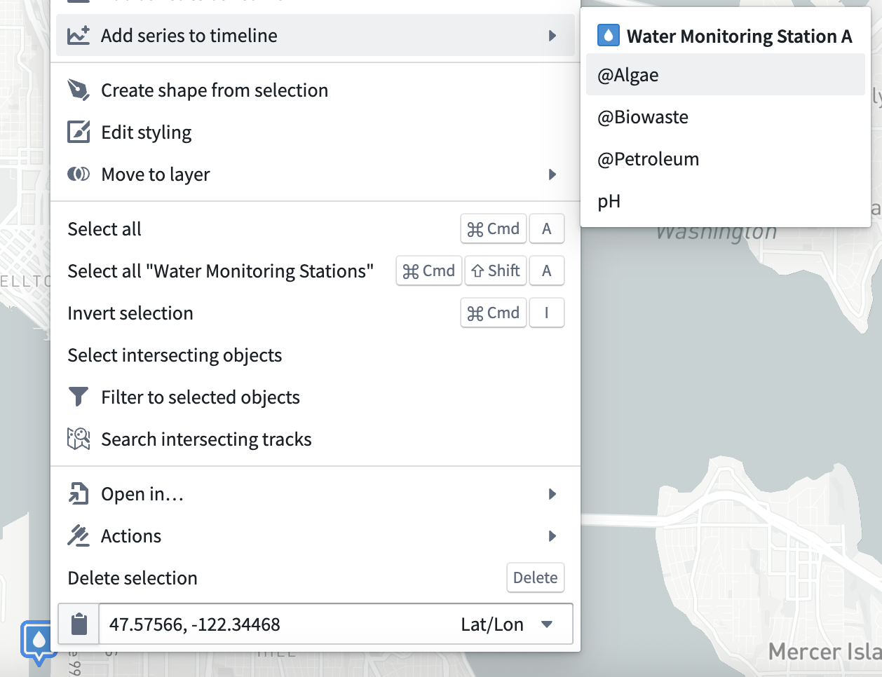 Adding a series to the timeline from the right-click menu.