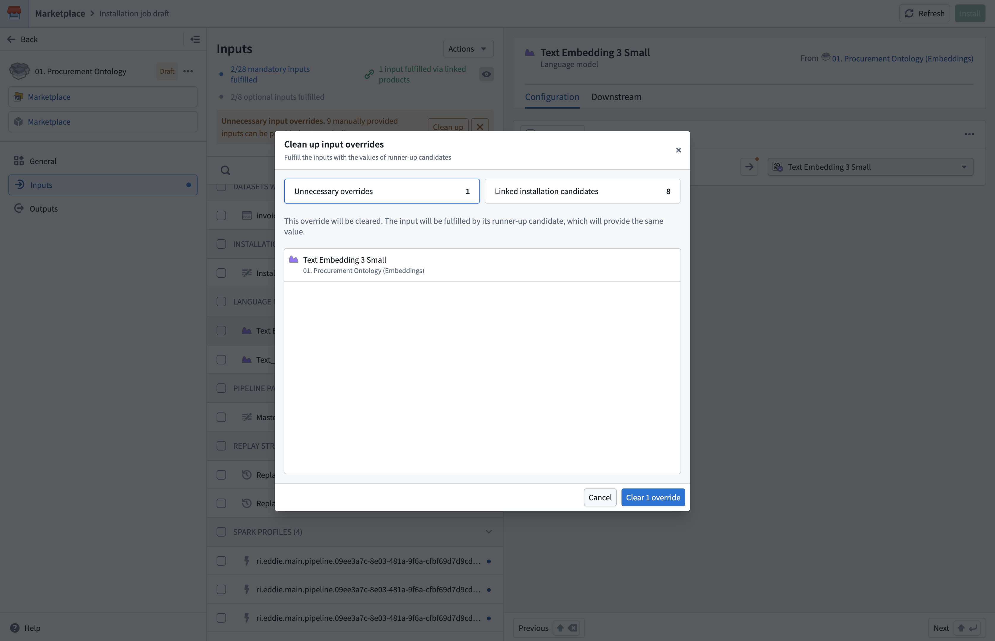The Clean up overrides dialog, showing the Unnecessary overrides tab with one unnecessary override.