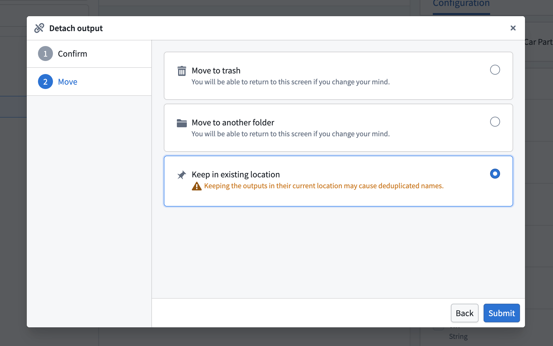Screenshot showing the options to trash, move, or keep the detached outputs.