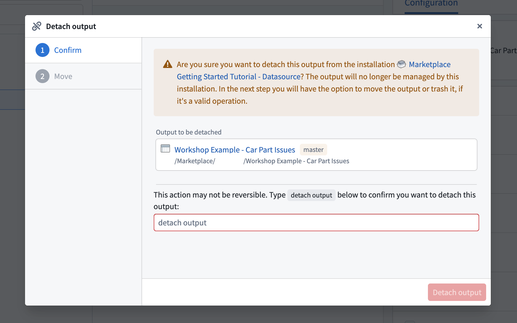 Screenshot showing the detach confirmation dialog listing the outputs to be detached.