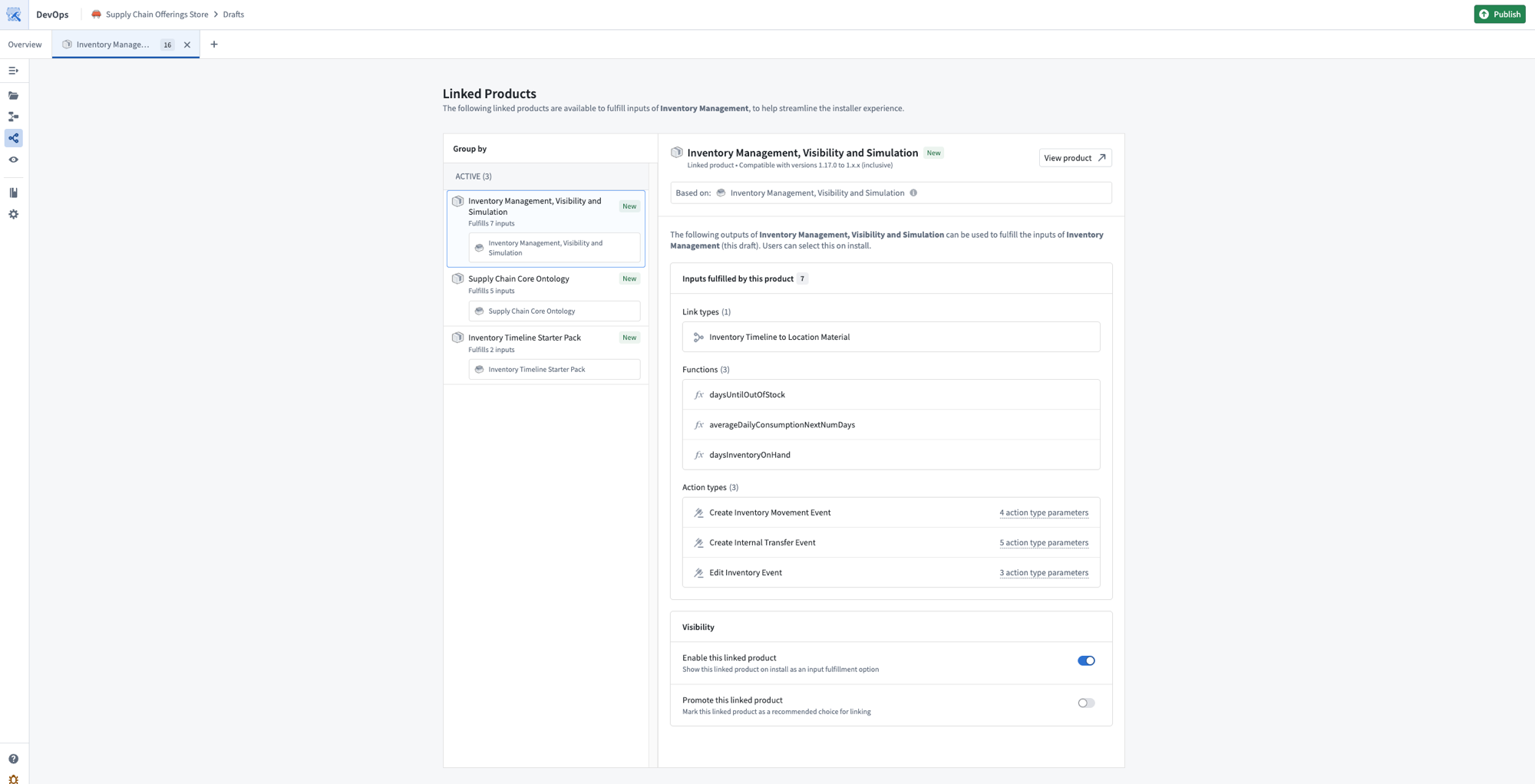 Automatically generated installation-based linked products shown during packaging in DevOps.