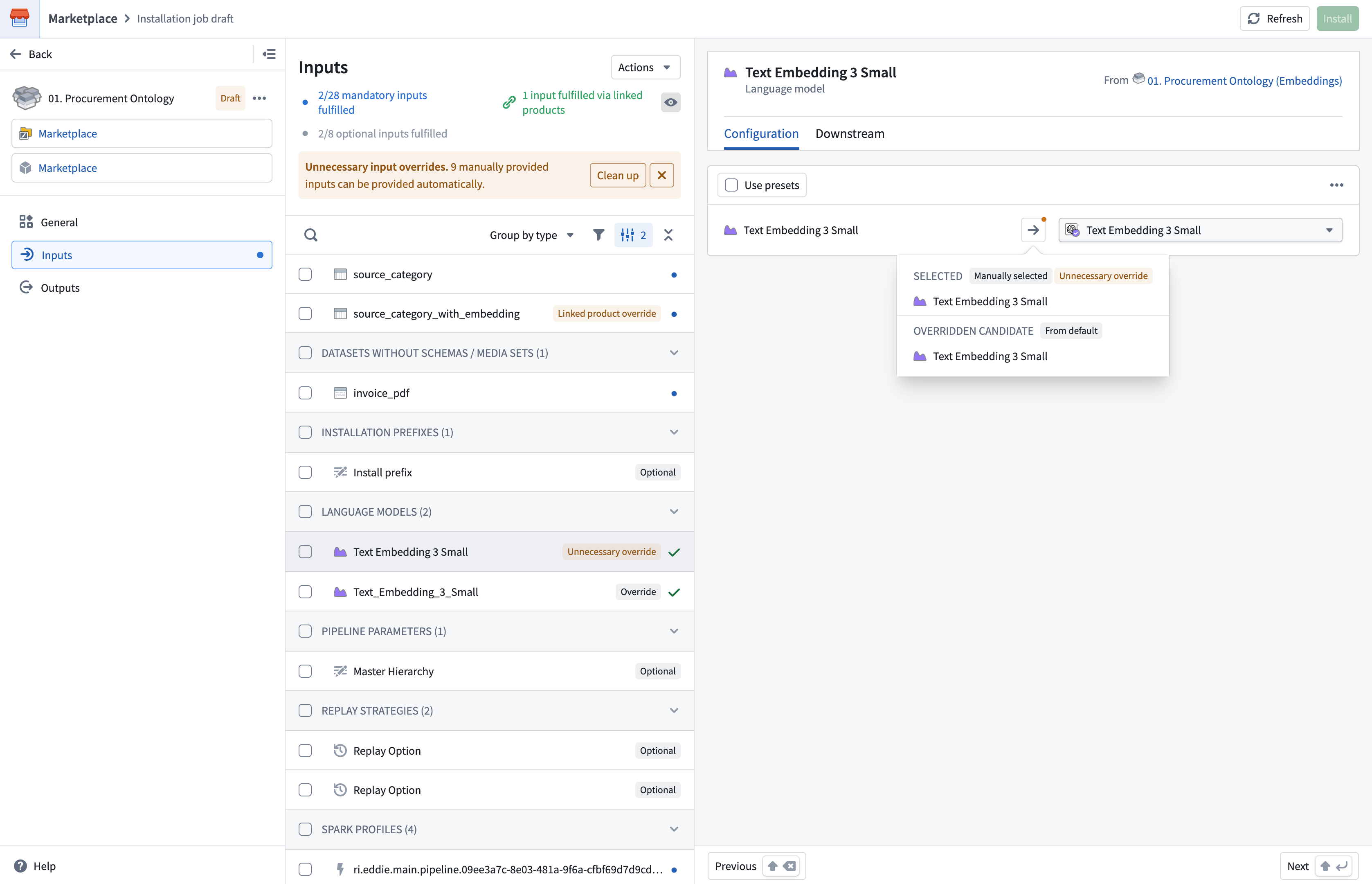 The Inputs page showing override tags and a popover with the selected input and the overridden candidate.