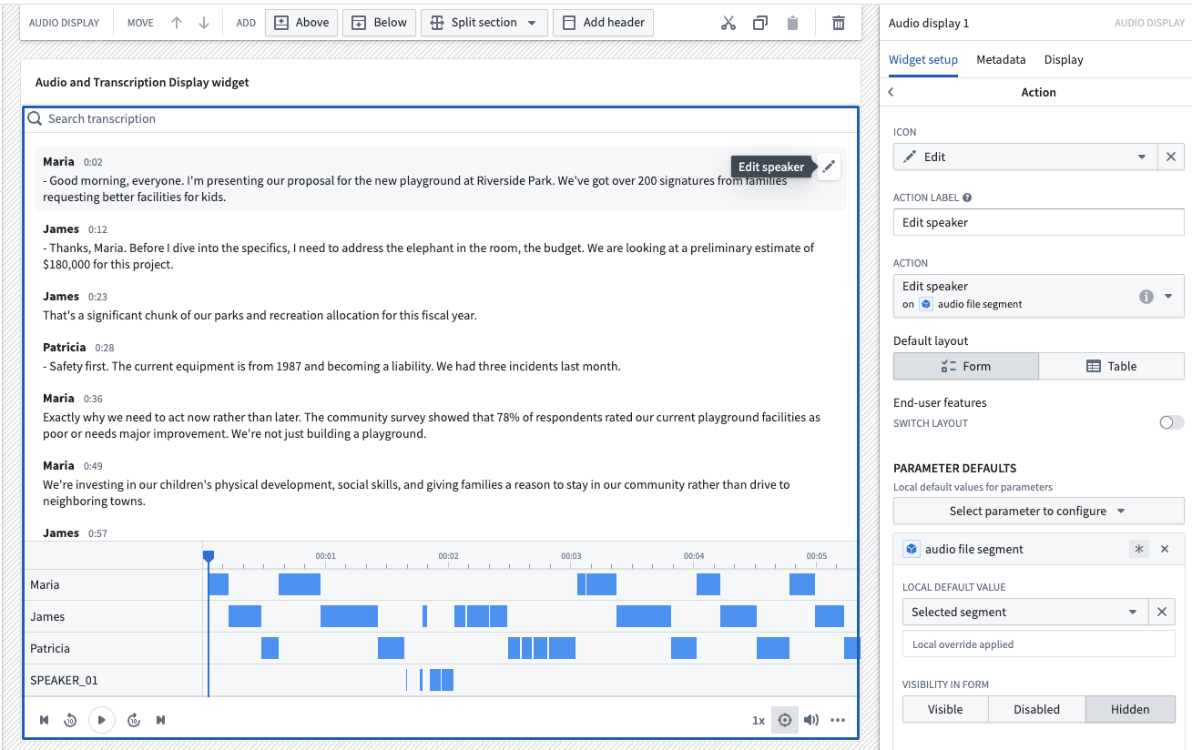 Configure an action in the transcription widget.