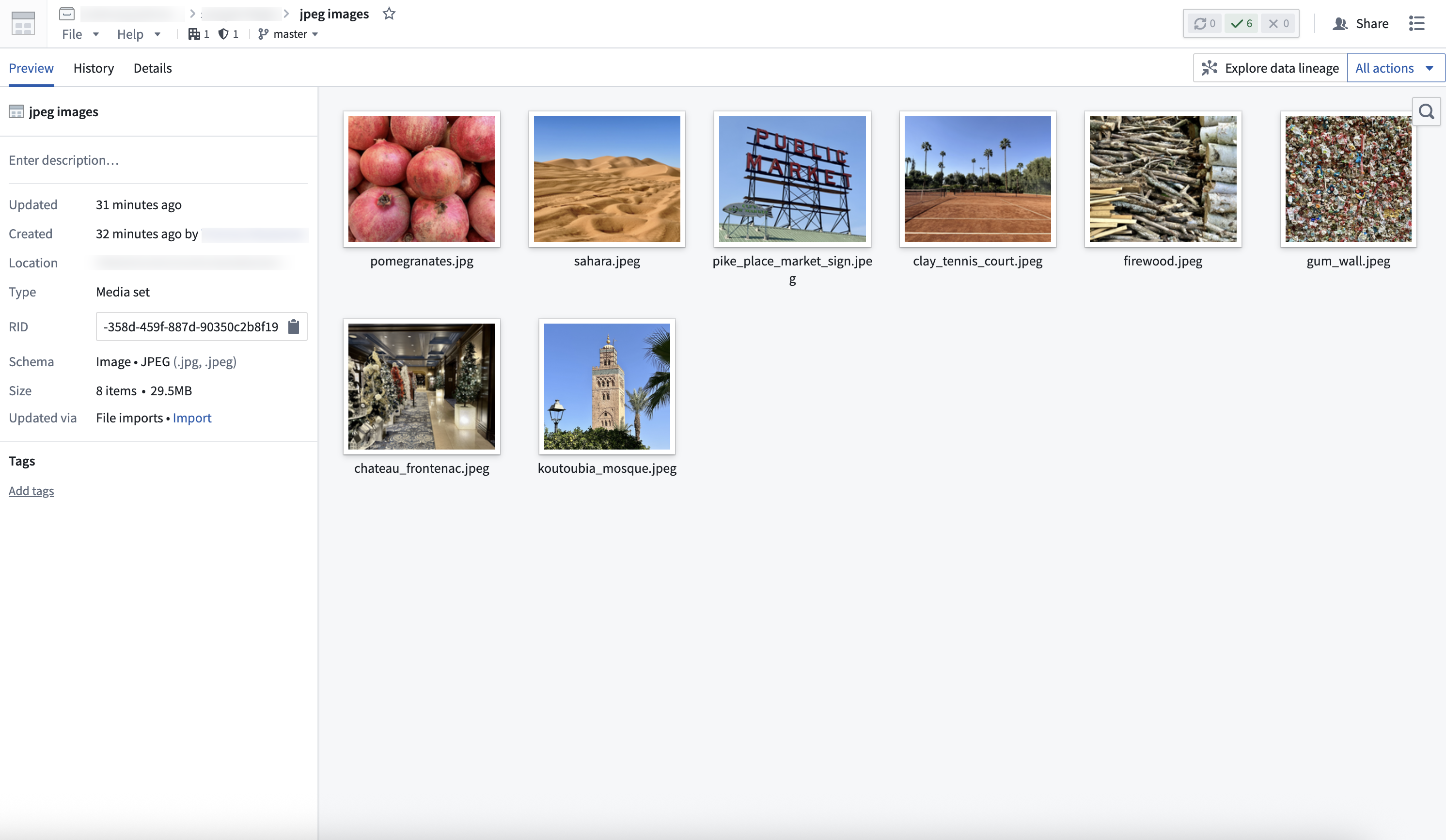 The media set view showing uploaded image files with their metadata.