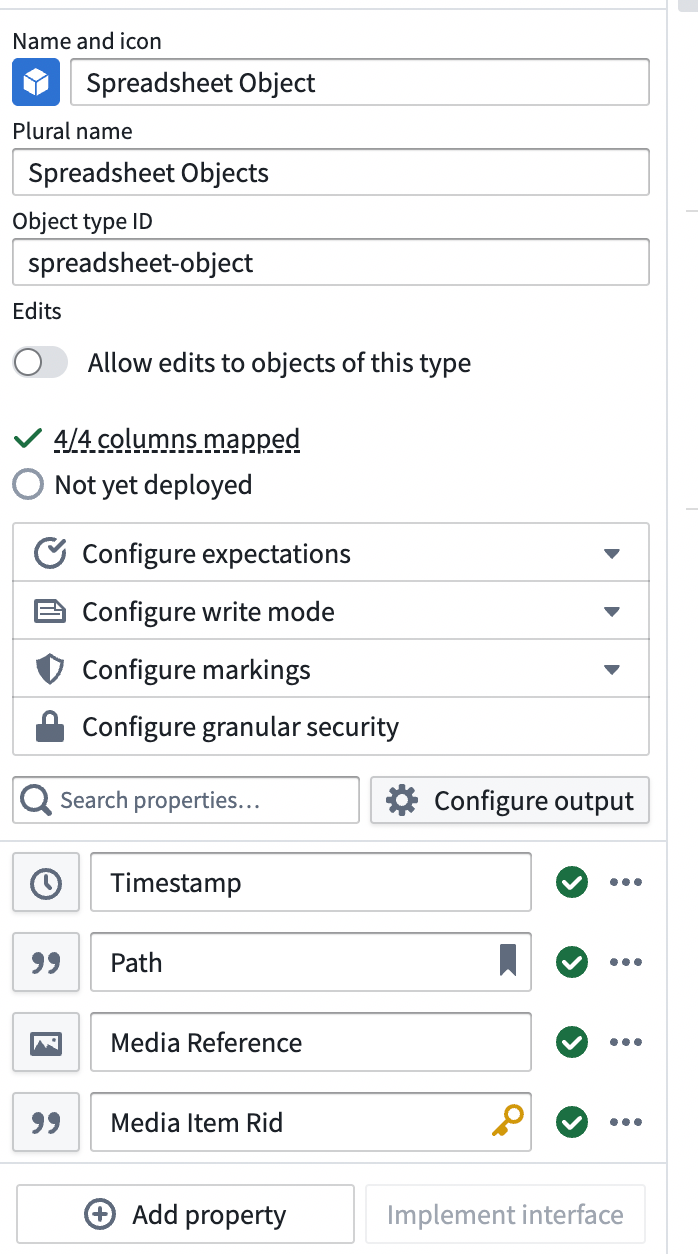 An object type output configured for spreadsheet media items.