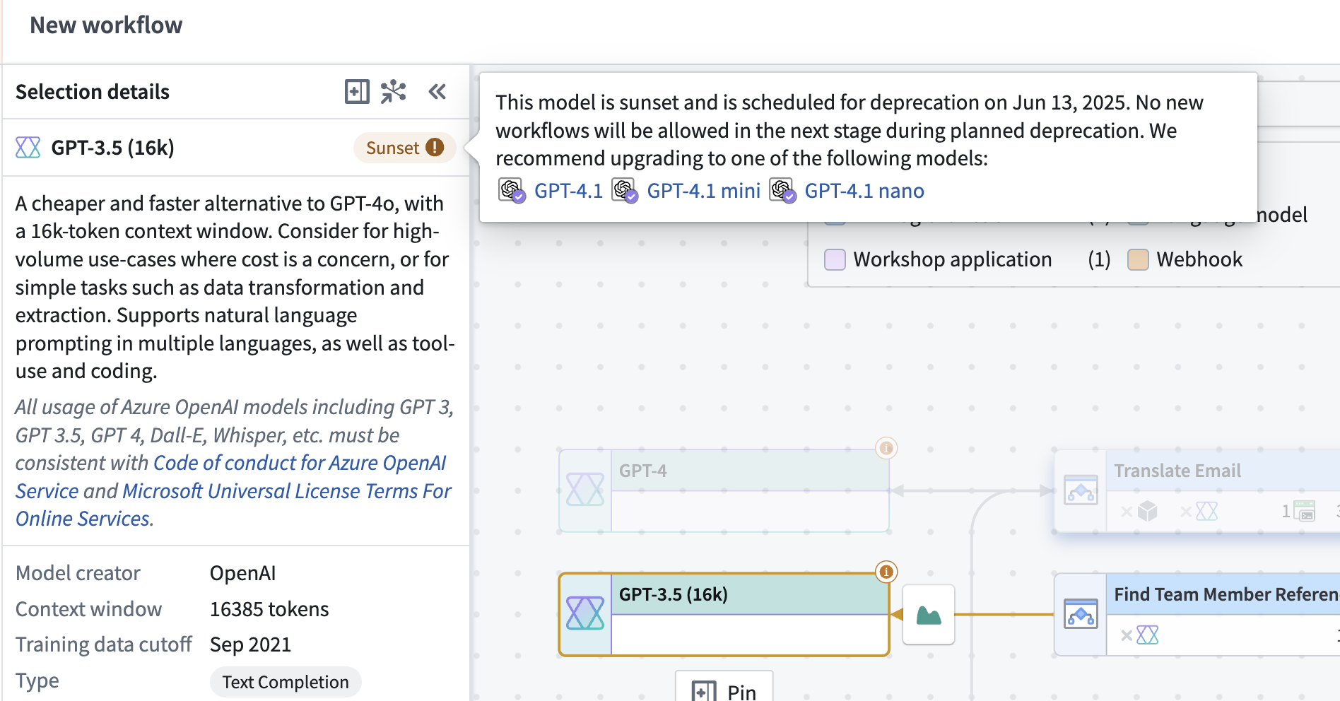 A deprecated model used by a Logic function in a Workshop application.
