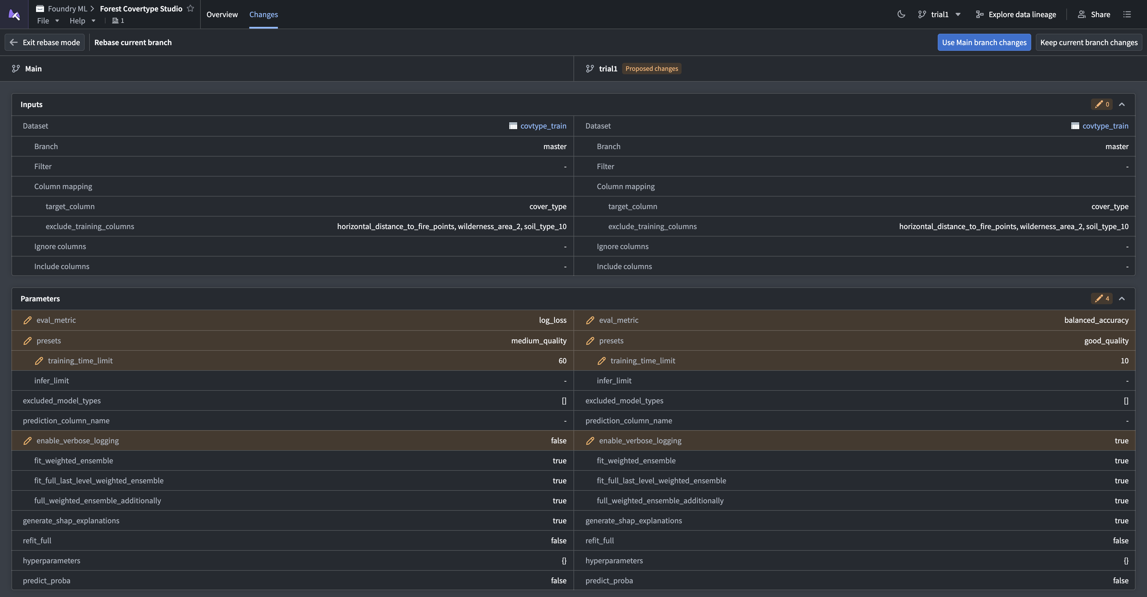 The Model Studio rebase view with options to use Main branch changes or keep current branch changes.
