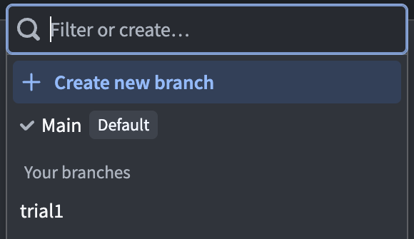 The Model Studio branch menu with options to create a branch or select an existing branch.