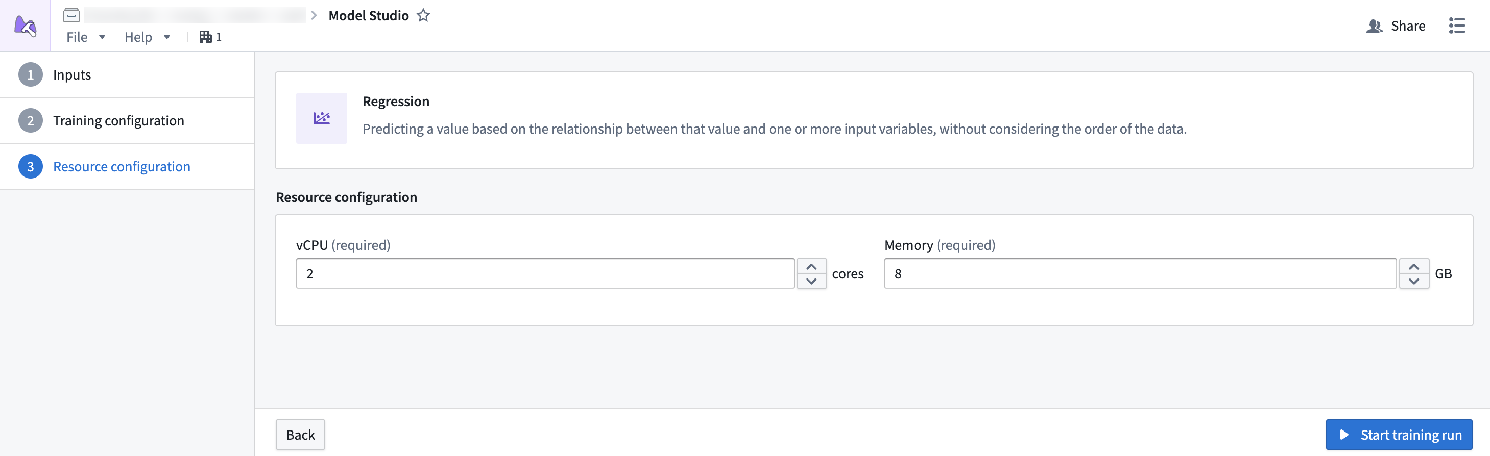 The Model studio resource configuration page.