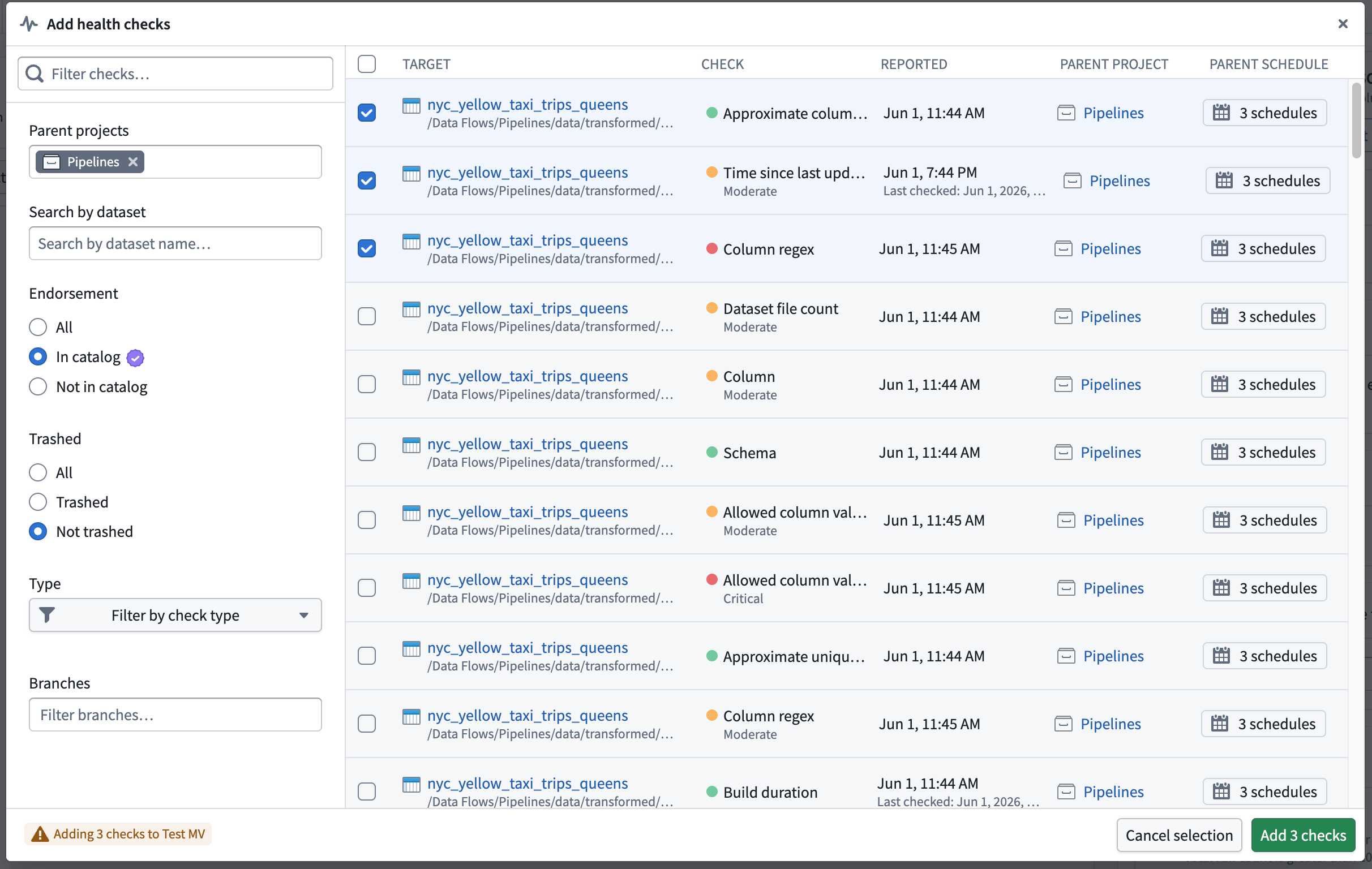 The Add health checks dialog listing existing health checks that can be added to a monitoring view.