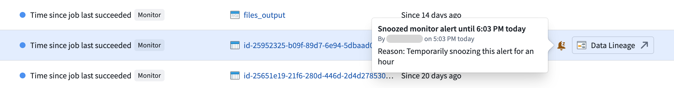 Hover details for snoozed alerts in the Troubleshoot alerts tab.