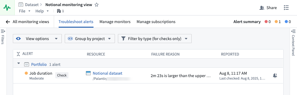 Troubleshoot alerts in one place, using the Data Health application.